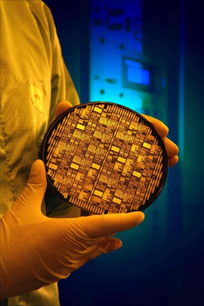 A wafer created in the Advanced Nanofabrication Facility at UBC.